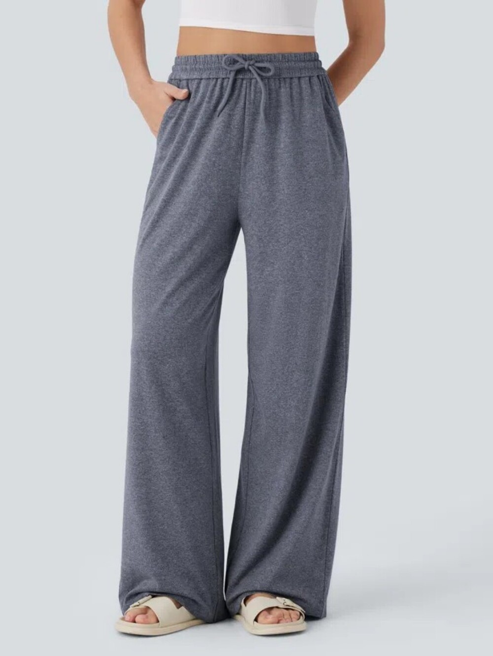 Halara Blue High Waisted Drawstring Pocket Wide Leg Baggy Casual Pants